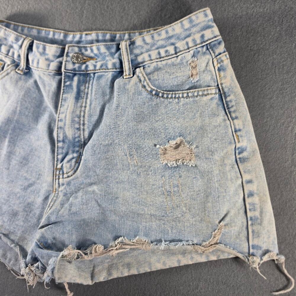 Womens Light Wash Distressed Denim Shorts Raw Hem High Rise Cut Off 28 - Picture 3 of 9